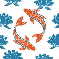 Japanese koi fish and lotus seamless tile pattern with vibrant oranges and serene blues for tranquil decor concept as Vibrant orange koi fish and serene blue lotuses arranged seaml Dynamics vector