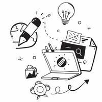 Laptop with holographic AI business ideas and travel icons concept as Camera movement Pan across the laptop screen with a focus on glowing holographic AI business ideas and travel Dynamics vector