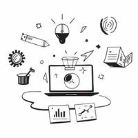 Laptop with holographic AI business ideas and travel icons concept as Camera movement Pan across the laptop screen with a focus on glowing holographic AI business ideas and travel Dynamics Set 2 vector