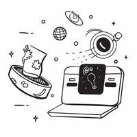Laptop with holographic AI food assistant and world food day icons concept as Camera movement Pan across the laptop screen with a focus on glowing holographic AI food assistant and Dynamics vector
