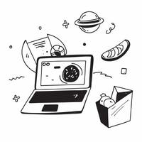 Laptop with holographic AI food analytics and world food day icons concept as Camera movement Pan across the laptop screen with a focus on glowing holographic AI food analytics and Dynamics vector
