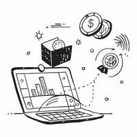Laptop with holographic AI finance and stock market icons concept as Camera movement Pan across the laptop screen with a focus on glowing holographic AI finance and stock market ic Dynamics vector