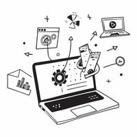 Laptop with holographic AI travel assistant and holiday planning icons concept as Camera movement Pan across the laptop screen with a focus on glowing holographic AI travel assista Dynamics Set 2 vector