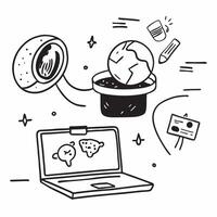 Laptop with holographic AI world food day ideas and travel icons concept as Camera movement Pan across the laptop screen with a focus on glowing holographic AI world food day ideas Dynamics vector