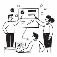 Marketing analyst presenting market research in a hybrid meeting concept as A marketing analyst presenting market research in a hybrid meeting with reports displayed in the office Dynamics vector