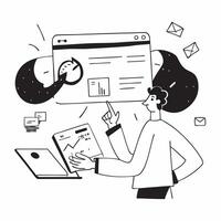 Marketing analyst preparing a social media performance report concept as A marketing analyst in a modern office preparing a social media performance report on a laptop showcasing d Dynamics vector