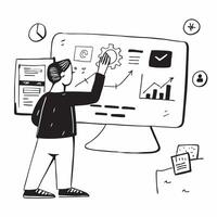Marketing analyst reviewing social media performance reports concept as A marketing analyst in a modern office reviewing social media performance reports on a desktop computer high Dynamics vector