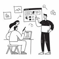 Marketing consultant advising a client on social media strategy concept as A marketing consultant in a modern office advising a client on social media strategy using a laptop and c Dynamics vector