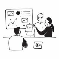 Marketing consultant conducting a hybrid market analysis meeting concept as A marketing consultant conducting a hybrid market analysis meeting with clients in the office and remote Dynamics Set 2 vector