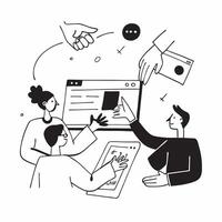 Marketing consultant collaborating with clients concept as A icon illustration of a marketing consultant collaborating with clients using laptops and digital tools with a 3 color Dynamic Dynamics vector