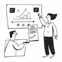 Marketing executive presenting social media results to the board concept as A marketing executive in a boardroom presenting social media results to the board using graphs and data Dynamics vector