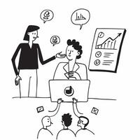 Marketing executive overseeing a social media marketing team concept as A marketing executive in a boardroom overseeing a social media marketing team using a laptop and charts show Dynamics vector