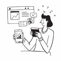 Marketing manager enjoying a cup of tea while browsing social media trends concept as A marketing manager enjoying a cup of tea in a comfortable chair while browsing social media t Dynamics vector