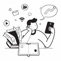 Marketing specialist enjoying a quiet evening with a book and a tablet concept as A marketing specialist enjoying a quiet evening with a book and a tablet checking social media tre Dynamics vector