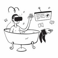 Marketing specialist enjoying a relaxing bath concept as A marketing specialist enjoying a relaxing bath while listening to a podcast about social media trends highlighting relaxat Dynamics vector
