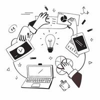 Marketing team brainstorming in a creative workspace concept as A icon illustration of a marketing team brainstorming in a creative workspace using laptops and tablets with an 8 Dynamic Dynamics vector