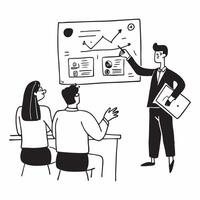 Market researcher presenting stock valuation insights to a team concept as A market researcher in a meeting room presenting stock valuation insights to a team using charts and grap Dynamics vector