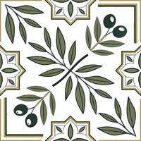 Mediterranean tiles and olives seamless tile pattern with earthy greens and traditional designs for coastal decor concept as Earthy green olives and traditional Mediterranean tile Dynamics vector