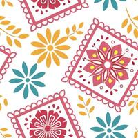 Mexican vibrant papel picado and floral seamless tile pattern with bright colors and intricate details for festive decor concept as Brightly colored papel picado and intricate flor Dynamics vector