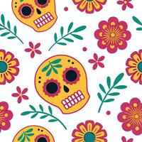 Mexican Day of the Dead skulls and marigolds seamless tile pattern with bright colors and intricate details for festive decor concept as Brightly colored skulls and intricate marig Dynamics vector