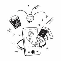 Mobile phone with holographic AI and business trip icons concept as Camera movement Rotate around the mobile phone with a focus on glowing holographic AI and business trip icons S Dynamics vector