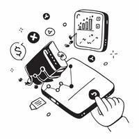 Mobile phone with holographic AI finance and banking icons concept as Camera movement Rotate around the mobile phone with a focus on glowing holographic AI finance and banking icon Dynamics vector