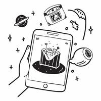 Mobile phone with holographic AI food planner and world food day icons concept as Camera movement Rotate around the mobile phone with a focus on glowing holographic AI food planner Dynamics vector