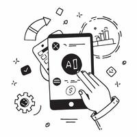 Mobile phone with holographic AI QA and audit icons concept as Camera movement Rotate around the mobile phone with a focus on glowing holographic AI QA and audit icons Scene A tec Dynamics vector