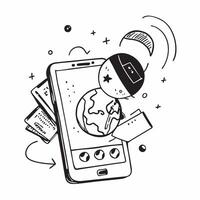 Mobile phone with holographic AI world food day itineraries and travel icons concept as Camera movement Rotate around the mobile phone with a focus on glowing holographic AI world Dynamics vector