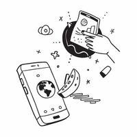 Mobile phone with holographic AI world food day itineraries and travel icons concept as Camera movement Rotate around the mobile phone with a focus on glowing holographic AI world Dynamics Set 4 vector