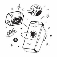 Mobile phone with holographic AI world food day itineraries and travel icons concept as Camera movement Rotate around the mobile phone with a focus on glowing holographic AI world Dynamics Set 2 vector