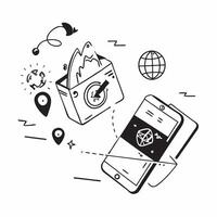 Mobile phone with holographic AI trip planner and vacation icons concept as Camera movement Rotate around the mobile phone with a focus on glowing holographic AI trip planner and v Dynamics vector