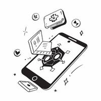 Mobile phone with holographic hacking and encryption icons concept as Camera movement Rotate around the mobile phone with a focus on glowing holographic hacking and encryption icon Dynamics vector