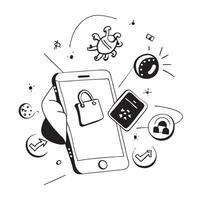 Mobile phone with holographic secure network and virus icons concept as Camera movement Rotate around the mobile phone with a focus on glowing holographic secure network and virus Dynamics vector