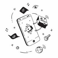 Mobile phone with holographic phishing and firewall icons concept as Camera movement Rotate around the mobile phone with a focus on glowing holographic phishing and firewall icons Dynamics vector