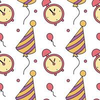New Year seamless pattern with vibrant balloons party hats and countdown clocks for a high energy fun celebration theme concept as Fun New Year pattern with balloons party hats and Dynamics vector