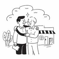 Old friends reuniting at a hometown concept as Old friends reuniting blended with a hometown scene symbolizing the nostalgia and joy of returning home Ideal for social and lifesty Dynamics vector