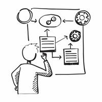 Operations manager with workflow diagram concept as An operations managers profile combined with a workflow diagram representing efficiency and process improvement during a company Dynamics vector