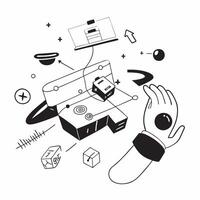 Overhead view of a tech company with virtual reality and digital overlay symbolizing VR driven business innovation in double exposure with copy space concept as An overhead view o Dynamics vector