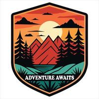 Summer Camp Patch Badge Design Featuring Hiking Trails and Forest Views vector