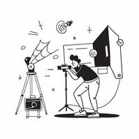 Photographer adjusting settings on a glossy digital camera in a studio concept as Camera movement Pan across the glossy digital camera used by the photographer Scene A professiona Dynamics vector