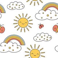 Playful spring sunshine seamless pattern with bright rays and whimsical clouds for fun energetic designs concept as Fun spring sunshine pattern with bright rays and whimsical cloud Dynamics vector