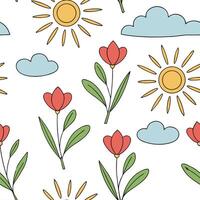 Playful spring sunshine seamless pattern with bright rays and whimsical clouds for fun energetic designs concept as Fun spring sunshine pattern with bright rays and whimsical cloud Dynamics Set 2 vector