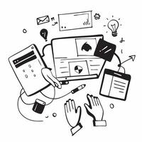 Product team collaborating on new features concept as A icon illustration of a product team collaborating on new features using laptops and digital tools with an 8 color palette Dynamic Dynamics vector