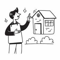 Realtor demonstrating a mockup house for sale in a gated community concept as A realtor demonstrates a mockup house for sale in a gated community focusing on security and exclusive Dynamics vector