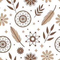 Retro bohemian seamless pattern with eclectic elements and earthy tones for artistic decor concept as Eclectic retro bohemian pattern featuring diverse elements and earthy tones pe Dynamics vector
