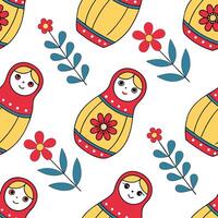 Russian Matryoshka dolls and folk patterns seamless tile pattern with vibrant colors and traditional designs for cultural decor concept as Vibrant Matryoshka dolls and traditional Dynamics vector