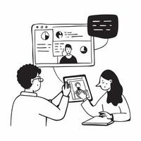 Sales team collaborating in a virtual meeting concept as A icon illustration of a sales team collaborating in a virtual meeting using conferencing tools with a 3 color sche Dynamic Dynamics vector