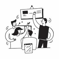 Sales team collaborating on a sales pitch concept as A icon illustration of a sales team collaborating on a sales pitch using laptops and charts with a 3 color scheme to highligh Dynamic Dynamics vector
