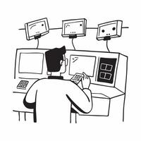Security guard using a glossy surveillance system in a control room concept as Camera movement Pan across the glossy surveillance screens Scene A modern control room with security Dynamics vector